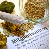 Grüne Pflanzenteile und ein Joint liegen neben einem Zettel, auf dem "Mitgliedsantrag" steht.