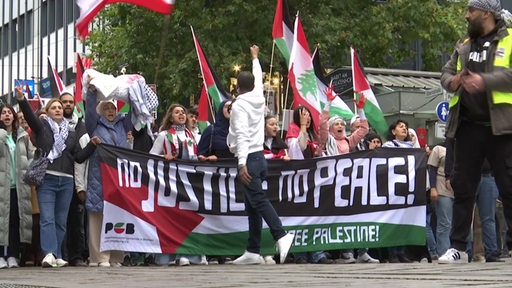 Viele Menschen demonstrieren mit Flaggen bei einer Pro-Palestina-Demonstration.