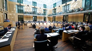 Politiker sitzen im Plenarsaal des Bundesrats.