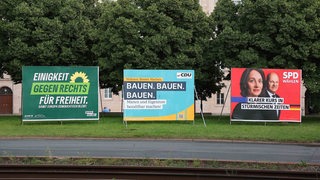 Wahlplakate der Grünen, der CDU und SPD stehen an einer Straße in Leipzig (Archivbild)