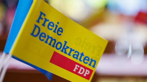 "Freie Demokraten - FDP" steht beim Landesparteitag der FDP Bayern auf Fähnchen.