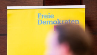 Ein unscharfer Kopf vor einem FDP-Logo (Symbolbild)