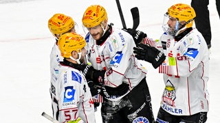 Die Spieler der Fischtown Pinguins bejubeln einen Treffer.