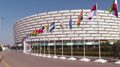 Viele Flaggen von den Ländern, die bei der UN-Klimakonferenz in Baku teilnehmen.