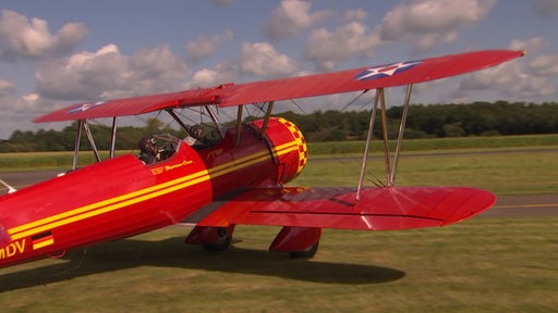 Ein Zwei-Personen Propellerflugzeug auf einer Wiese.