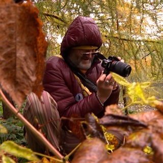 Ein Mann fotografiert in einem Park.