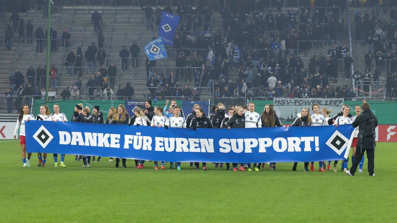 Die Spielerinnen des HSV stehem im Volksparkstion auf dem Platz und halten ein Banner hoch, auf dem "Danke für euren Support" steht.