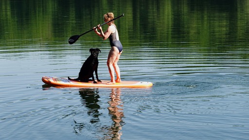 Eine Frau beim Stand-Up-Paddling mit Hund auf einem See.