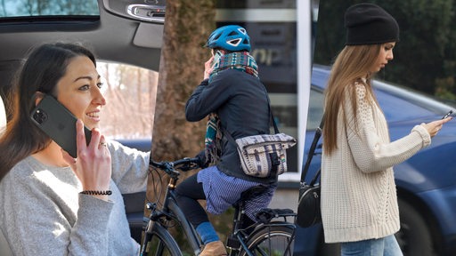 Handynutzung im Auto, auf dem Fahrrad und als Fußgänger (Montage)