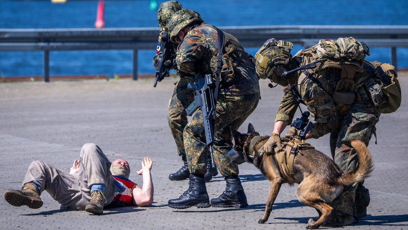 Eine Person liegt vor mehreren bewaffneten Soldaten mit einem Hund.