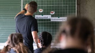 Ein Mann schreibt mit Kreide auf eine große Tafel. In seinem Rücken sitzen Kinder.