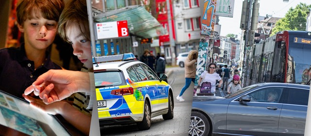 Collage zeigt 3 Bilder aus den Bereichen Bildung (Schüler im Klimahaus), Verkehr (Ostertor), Sicherheit (Polizei am Bahnhof)