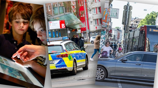 Collage zeigt 3 Bilder aus den Bereichen Bildung (Schüler im Klimahaus), Verkehr (Ostertor), Sicherheit (Polizei am Bahnhof)