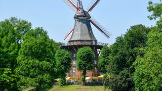 Die Bremer Mühle am Wall am Herdentor steht zwischen grünen Bäumen