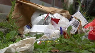 Zwischen grünem Gras liegt verschiedenster Abfall. 