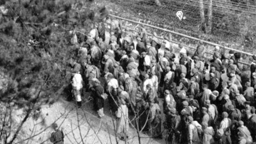 Eine schwarz weiße Archivaufnahme einer großen Menschenmenge während eines sogennanten Todesmarsches.