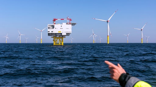 Ein Offshore-Windpark und eine Konverterstation, auf die im Vordergrund eine Hand zeigt.