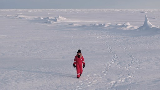 Eine Person im roten Schneeanzug geht alleine durch eine von Schnee und Eis bedeckte Landschaft.