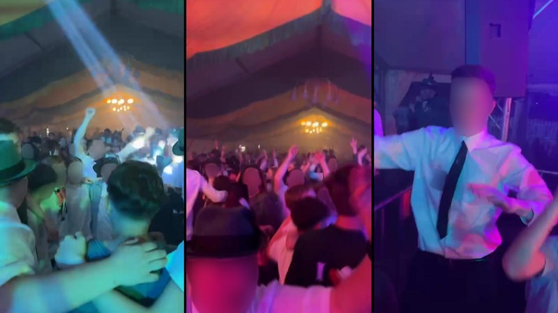 Collage aus 3 Screenshots eines Videos zeigt tanzenden junge Menschen in einem Zelt während eines Schützenfests