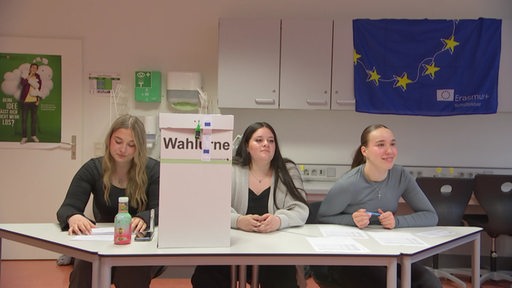 Drei Schülerinnen sitzen hinter einer wahlurne an einem Tisch, oben rechts im Bild ist eine Europaflagge zu sehen.