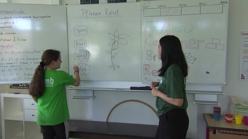 Eine Schülerin und eine Lehrerin stehen im Klassenraum vor einer Tafel.