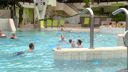 Mehrere Menschen schwimmen in einem Schwimmbadbecken.