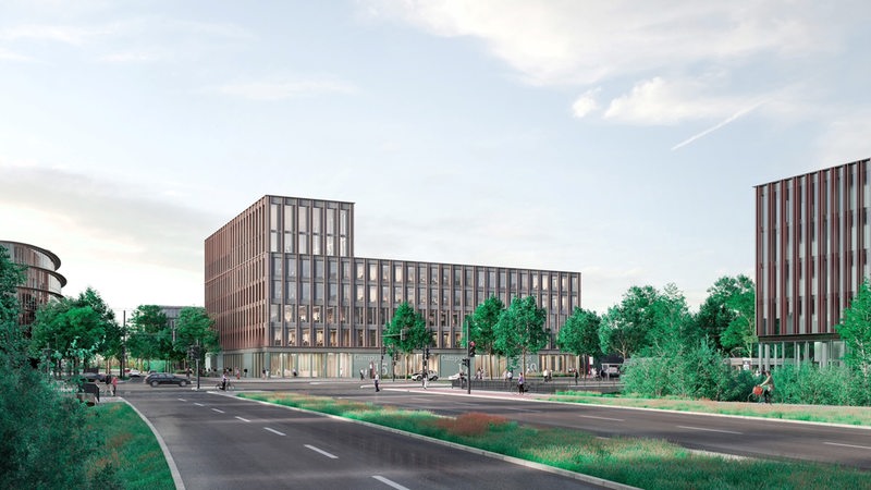Das Bild zeigt eine Visualisierung des geplanten Neubaus der Sparkasse Bremen, ein moderner Bau neben zwei Straßen mit Bäumen.