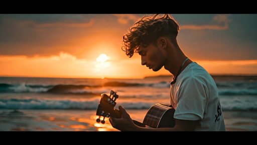 Ein Mann spielt Gitarre am Strand.