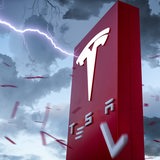 Ein Blitz trifft das Logo von Tesla