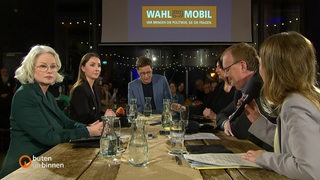 Politiker beim Wahlmobil-Talk in der Union-Brauerei: Kirsten Kappert-Gonther (Grüne), Sandra Schmull (CDU), Felix Krömer (Moderator), verdeckt ist Ulrike Hiller (SPD), Volker Redder (FDP) und Doris Achelwilm (Linke)