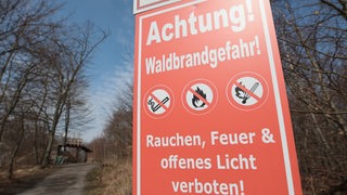 Auf einem Schild steht: "Achtung! Waldbrandgefahr!" Im Hintergrund ist ein Waldstück zu sehen.