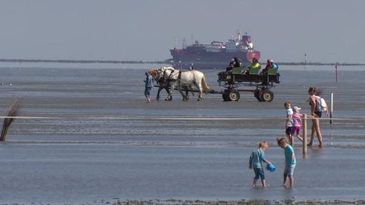 Kinder spielen bei Ebbe im Watt, in der Mitte des Bildes ist eine Pferdekutsche zu sehen, in der Ferne ein riesiges Containershiff.