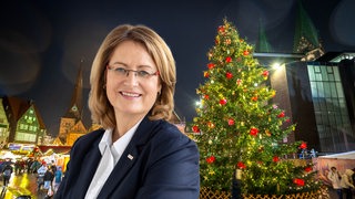 Antje Grotheer vor dem Weihnachtsbaum auf dem Weihnachtsmarkt in Bremen (Montage)