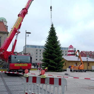 Ein Weihnachtsbaum steht vor dem Bremerhavener Stadttheater.