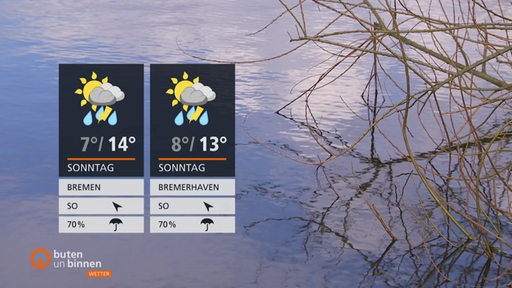 Die Wetterkacheln vor einem Gewässer mit sich darin spiegelnden Ästen.