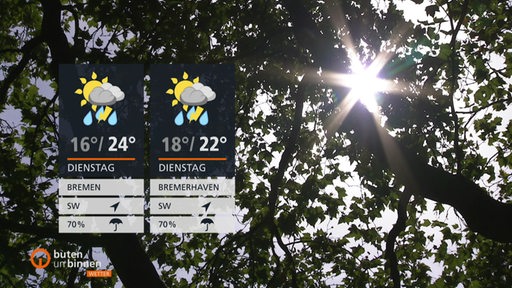 Links sind die Wetterkacheln und im Hintergrund scheint zwischen Ästen und Blättern die Sonne durch.