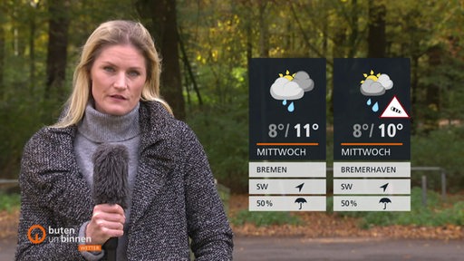 Die Wetter-Moderatorin Constance Hossfeld neben den Wettertafeln, im Hintergrund ist ein Wald zu sehen.