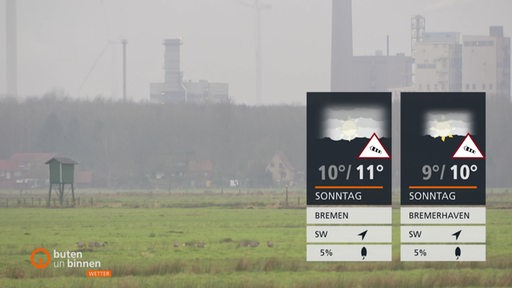 Die Wettertafeln vor einer grünen Wiese im Nebel.