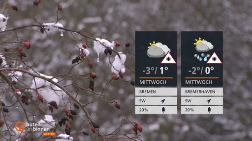 Zu sehen ist ein verschneiter Baum und rechts im Bild die Wettertafeln.