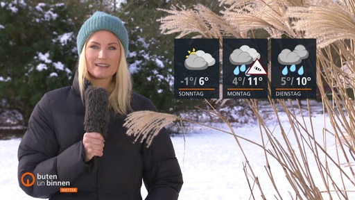 Moderatorin Constance Hossfeld Seedorf in weißer Schneelandschaft. Rechts im Bild die Wettertafel.