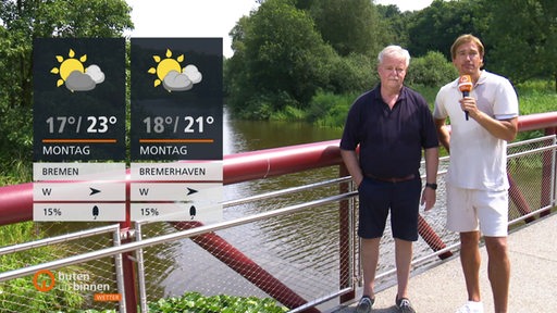 Die Wetterkacheln und daneben stehen der Buten un binnen Moderator Andree Pfitzner und ein Passant auf einer Brücke.