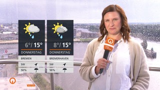 Wettermoderatorin Anastasia Hill beim Aussichtsturm an der Waterfront.